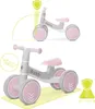 Two images of a grey and pink balance bike for toddlers, with illustrative graphics highlighting features. Náhľad obrázku produktu