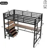 A diagram of a loft bed with a desk and shelves, showing dimensions. Náhled obrázku produktu