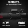 Close-up of a black cable with a red connector and a black protective cap over a fuse housing. Text overlays highlight product features. Podgląd zdjęcia produktu