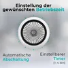 A close-up of a fan control with text overlays explaining features. Produktbild-Vorschau