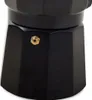 A close-up view of the bottom section of a black moka pot, showing a small brass safety valve. Náhled obrázku produktu