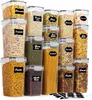 A collection of clear plastic food storage containers filled with various dry goods, arranged in a grid. Produktbild-Vorschau