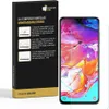A product packaging box with instructions and a screen protector placed on a smartphone. Produktbild-Vorschau