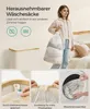 A collage showing a woman carrying a laundry bag, a laundry basket, and close-ups of its features, including a washing machine. Produktbild-Vorschau