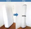 A mattress is shown before and after being vacuum-sealed and rolled up for storage. Produktbild-Vorschau