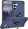 A blue rugged phone case with a ring holder is shown from multiple angles, with a phone screen displaying a time and date. Produktbild-Vorschau
