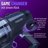 Close-up marketing image of a black vacuum cleaner with purple accents, highlighting a specific button feature with text overlays. Produktbild-Vorschau