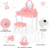 A pink and white children's vanity table and stool set with various callouts highlighting features. Voir les images du produit
