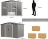 Diagrams and images showing the dimensions and packaging of a garden shed. Produktbild-Vorschau