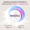 A circular graphic illustrating the ideal inositol ratio with text and images of tablets. Produktbild-Vorschau