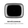 A top-down view of a black sensor trash can with a gray rim, set against a white background. Text below the trash can describes its features. Produktbild-Vorschau