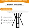 A round table with a marble-look top and black metal legs, presented with descriptive text and icons. Produktbild-Vorschau