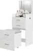 A white vanity table with drawers and a mirror, accompanied by a white stool. The vanity has gold-colored drawer pulls. Produktbild-Vorschau