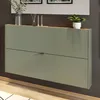 A green cabinet with a wood-tone top, decorated with plants and diffusers, mounted on a dark gray wall above a wooden floor. Produktbild-Vorschau