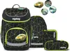A set of school supplies including a backpack, a pencil case, and a pouch, with decorative car images. Podgląd zdjęcia produktu