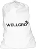 A white drawstring bag with the brand name WELLGRO and a leaf logo printed on it. Produktbild-Vorschau