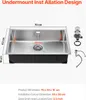 A diagram showing the dimensions of an undermount sink, with accompanying text and accessories. Anteprima dell’immagine prodotto
