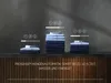Three stacks of folded shirts are shown on a shelf, with graphical representations of time, energy, and water savings above them. Text below the stacks highlights the product's features. Produktbild-Vorschau