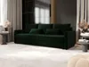 A dark green sofa is shown in a modern living room setting with decorative elements and curtains. Produktbild-Vorschau