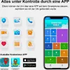 A collage of icons representing smartwatch features and a smartphone screen displaying an app interface. Produktbild-Vorschau