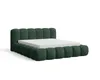 A green upholstered bed frame with a mattress on a white background. Voir les images du produit
