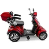 A red electric scooter with a storage box on the back, shown from the side against a white background. Produktbild-Vorschau