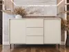 A modern sideboard with fluted doors and drawers, set against a marble-patterned wall with abstract art above. Náhled obrázku produktu