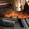 Close-up of a charcoal grill with glowing embers and text overlays indicating capacity and adjustability. Produktbild-Vorschau