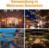 Collage of four images showing string lights used in different outdoor settings: a house patio, a city street at night, a covered patio with tables, and an outdoor event setup. Produktbild-Vorschau