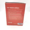 The image shows the side of a red cardboard box for an iron steam station. Voir les images du produit