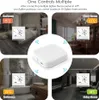 A collage showing a smart thermostat device and its application in different rooms of a house. Produktbild-Vorschau