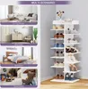 Collage showing a white multi-tiered shoe rack in various home scenarios like living room, doorway, bedroom, and downstairs. Produktbild-Vorschau
