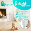 A baby is crawling in front of a white baby gate in a living room setting with a fireplace in the background. The image includes marketing text and instructions. Náhľad obrázku produktu