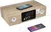 A wooden-cased speaker with two smartphones, one on top and one connected by a charging cable. Voir les images du produit