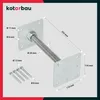 A diagram showing a metal adjustable post base with dimensions and screws. Produktbild-Vorschau