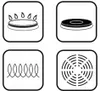 Four icons representing different types of stovetops: gas, electric coil, induction, and a fan/ventilation system. Produktbild-Vorschau