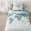 A child's bed with a duvet cover featuring a world map with animals and a koala pillow. Podgląd zdjęcia produktu