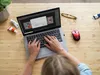 A person's hands are typing on a laptop, with a red wireless mouse next to it. There are also tubes of paint and glasses on the wooden desk. Anteprima dell’immagine prodotto