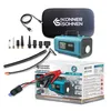 A collage of product images showing a jump starter with an air compressor, its accessories, and its packaging. Produktbild-Vorschau