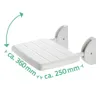 A white foldable shower seat mounted on a wall, with dimensions indicated by green text and arrows. Náhled obrázku produktu