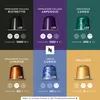 A collage of six different Nespresso coffee capsule varieties, each displayed with its name, intensity rating, and quantity. Produktbild-Vorschau