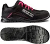 A black Sparco safety shoe with pink laces and stitching, shown from the side and from the sole. Produktbild-Vorschau