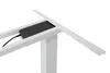 Close-up view of a white electric standing desk frame with a black motor unit and a white metal support bar. Produktbild-Vorschau