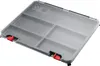 A clear, well-lit studio shot of a gray plastic organizer box with a transparent lid and red latches. Produktbild-Vorschau