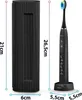 A black electric toothbrush and its charging case are shown with dimensions indicated by measurement lines and text. Náhled obrázku produktu