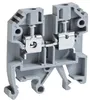 A close-up, studio shot of a gray terminal block, also known as a pass-through terminal block, designed for electrical connections. Produktbild-Vorschau
