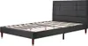 A dark gray upholstered bed frame with a headboard and wooden slats for mattress support, shown against a white background. Produktbild-Vorschau