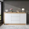 A sideboard with white drawers and wooden accents is displayed in a room with a gray wall and a light gray rug. Voir les images du produit