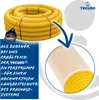 A coiled yellow drainage pipe with a close-up of a filter sock and marketing text. Produktbild-Vorschau