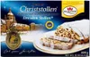 A box of traditional German Christmas cake, Stollen, with a slice shown on a plate. Produktbild-Vorschau